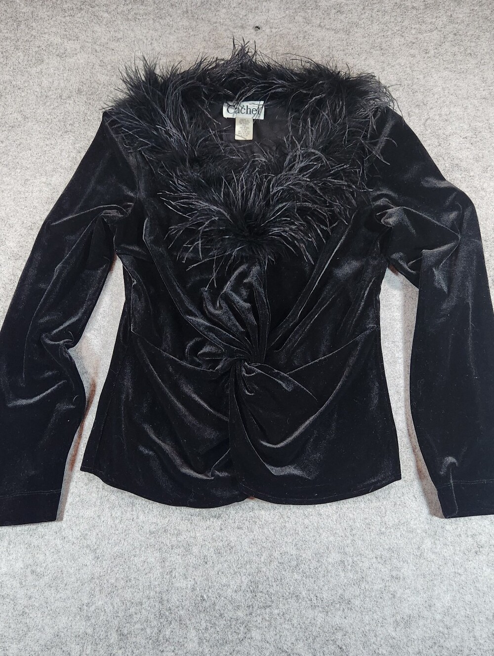 Cachet Black Velvet Feather-Trim Vintage 90s Whimsigoth Sweater Large
